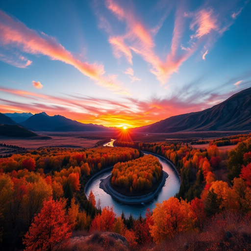 A vibrant landscape at sunset with a winding river, mountains in the background, and colorful trees in the foreground, taken with a Canon EOS R5 at f/8, ISO 100, with a 24-70mm lens, using a wide-angle view to capture the expansive scene and enhance depth.