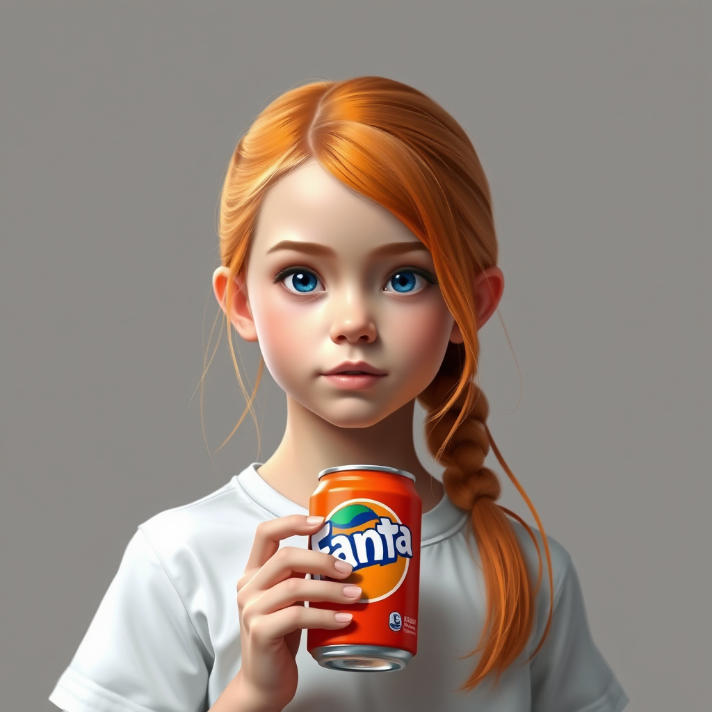 3D painting portrait of a young girl, orange hair, wearing white t-shirt, holding a can of Fanta. simple grey bg. vibrant color.