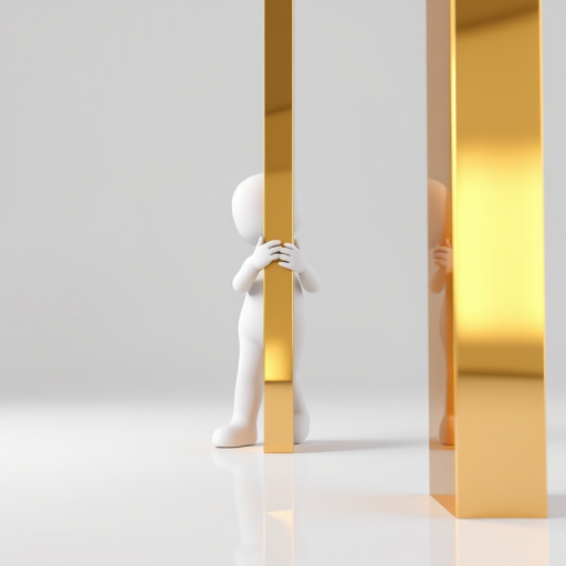 Create a high-resolution 3D render of a minimalistic white figure playfully peeking from behind a tall, shiny gold rectangular bar in a bright, evenly lit studio environment, using a Canon EOS R5 at f/8, ISO 100, and a 24mm lens, with a focus on depth of field to enhance details and reflections.