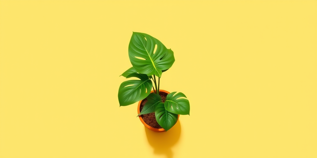 A stylized illustration of a Monstera plant in a brown pot against a pastel yellow background, captured with a DSLR camera, 50mm lens, f/3.5 aperture, ISO 100, top-down view, natural light for enhanced color vibrancy and shadows.
