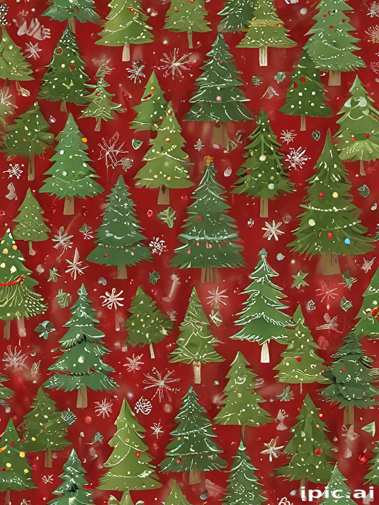 A Festive Pattern of Christmas Trees and Decorations on Red Background.
