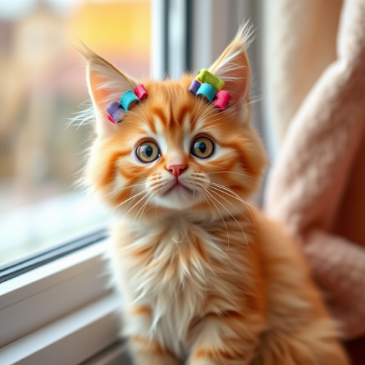 A fluffy orange cat with large round eyes sitting by a window wearing colorful hair clips on its head with a cozy background featuring soft fabrics and warm colors.