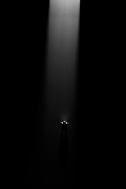 create a high-contrast black and white image of a lone figure standing in a narrow beam of light that cuts through a dark space, with deep shadows and dramatic angles, shot with a 35mm lens at f/1.8, ISO 100, in a minimalistic style using a mirrorless camera from a bird's eye view to emphasize depth and solitude
