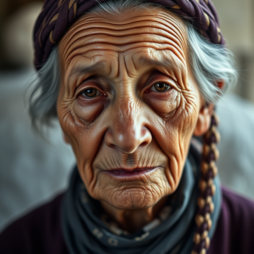 portrait of an elderly woman with deep wrinkles and braided hair, soft natural lighting, 85mm lens, aperture f/1.8, ISO 200, captured at eye level, vintage photograph style, DSLR camera