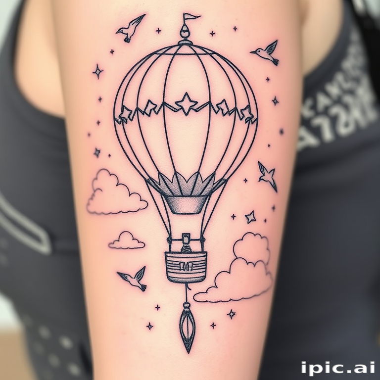 Illustrative fine line tattoo called "Whimsical Wanderlust" showcasing a detailed hot air balloon floating among clouds, birds, and celestial elements with thin, precise lines