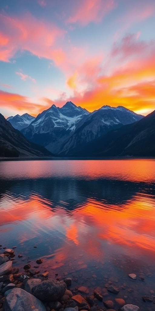 Generate a high-resolution image of a serene landscape featuring a calm lake surrounded by mountains at sunset with vibrant colors; use a Canon EOS 5D Mark IV, aperture f/11, ISO 100, shutter speed 1/200s, focal length 24mm, wide-angle view, and HDR photography style.