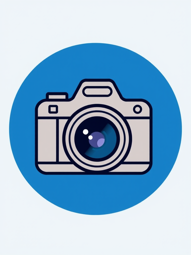 Regenerate a simplified image of a camera icon with a blue circular background, using a high-resolution digital camera setting of f/2.8 aperture, ISO 100, focal length of 35mm, top-down view, and vector style for crisp lines and vibrant colors.