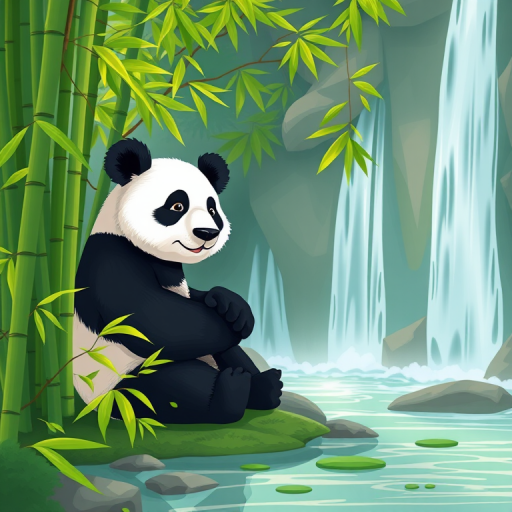 Create a serene illustration of a panda sitting among lush green bamboo with a waterfall in the background, using a Canon EOS R5 with a 50mm f/1.2 lens, aperture set to f/4, ISO 200 for vibrant colors and clarity, in a vibrant, cartoonish style.