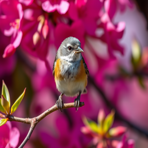 Capture a close-up of a small bird perched on a branch with vibrant pink flowers in the background, using a Canon EOS R5 with a 85mm f/1.2 lens, aperture set to f/2.8, ISO 200, shutter speed 1/500s, natural lighting with a shallow depth of field for enhanced detail.