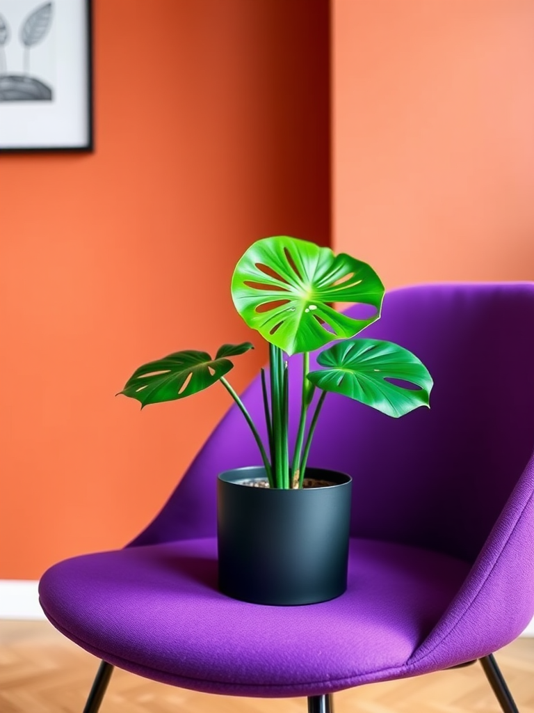 A minimalist indoor setting featuring a vibrant monstera plant in a sleek black pot placed on a modern purple chair, backdrop of warm terracotta wall, shot with a DSLR camera at f/2.8 aperture, ISO 100, shutter speed 1/60s, natural light, focus on plant details and texture.