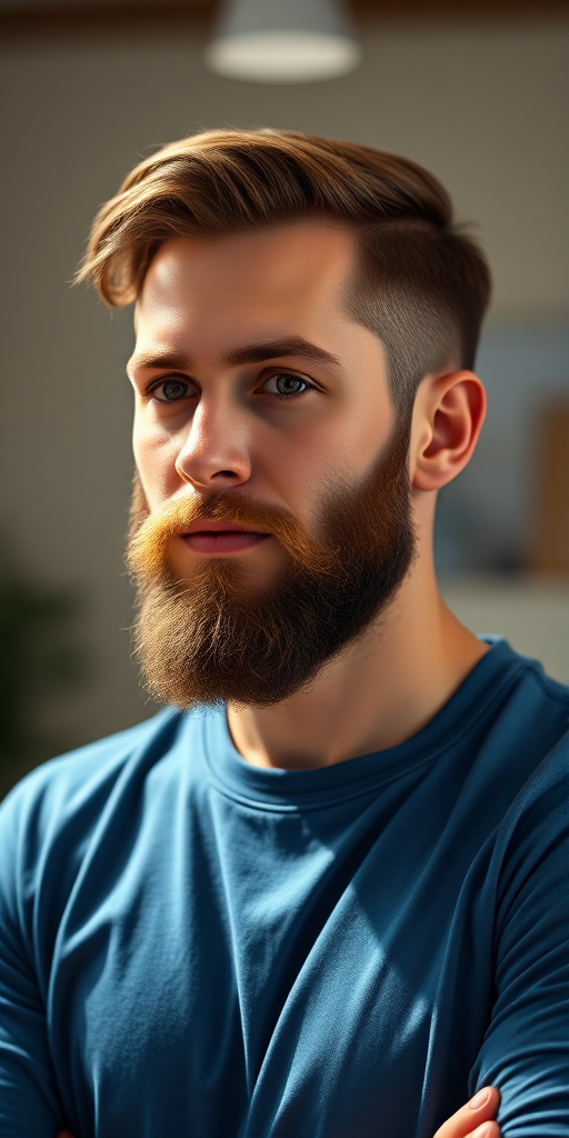 Generate a high-quality vector art illustration of a man with a beard and short hair, wearing a blue long-sleeve shirt, captured with a Canon EOS 5D Mark IV, 50mm lens, aperture f/2.8, ISO 100, in a well-lit setting with a shallow depth of field for a soft background blur.