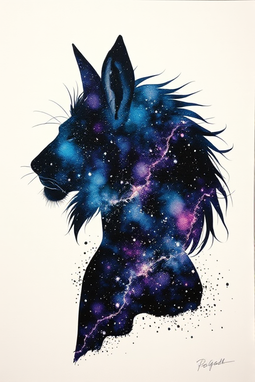 Captivating conceptual render alcohol ink art, double exposure, the paint strokes artfully merge combining a woman's full silhouette with a Humble hare's silhouette. The figures are composed of a series of colored dots, lines & spots that evoke the image of a cosmic galaxy, colors are deep shades of blue purple & black with flashes of white & silver representing distant stars. The woman's silhouette is formed within the lion's silhouette from constellations of scattered stars, surreal