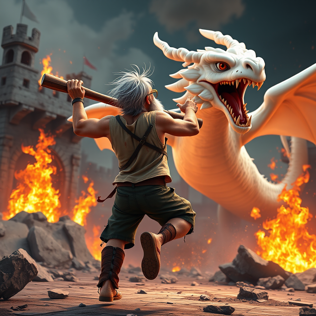 Cartoon 3D High-Resolution,dynamic battle scene using Unreal Engine 5 and Octane Render. The scene features back of an elderly, thai man with a beard,messy hair and round golden-rimmed glasses. He is wearing a tattered tank top with soot marks, shorts, and sandals. sweating. he wields a baseball bat. He jump to fight with a white fire-breathing Europe dragon amidst a partially destroyed stone castle. Include intense flames, smoke, and debris to enhance the dramatic effect.