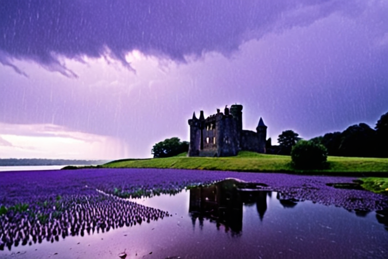 grey castle in the rain under a violet sky