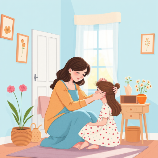 Create a cozy illustrated scene of a mother and daughter in a bright blue room, capturing a warm interaction as the mother styles the daughter's hair, shot with a Canon EOS R5 at f/2.8, ISO 200, 50mm lens, shallow depth of field, soft natural lighting.