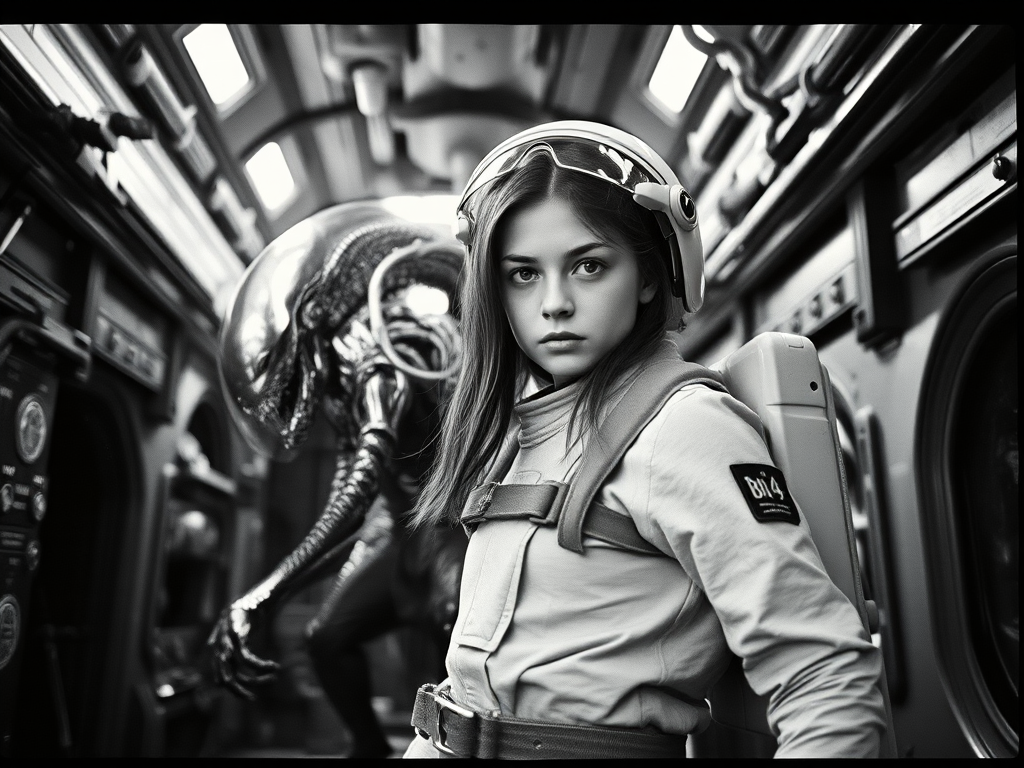 analog film photo dutch angle, close shot,  1girl and 1xenomorph,  spacesuit, industrial background, sci-fi, serious expression, detailed, high contrast, looking at viewer, realistic, futuristic, spaceship interior, intricate machinery, standing pose, resilient, black and white, dramatic lighting, horror, suspense, alien creature, looming, tense atmosphere