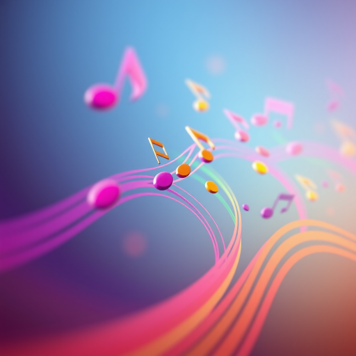 Generate a vibrant, flowing illustration of music notes in a rainbow gradient, using a soft-focus effect with a DSLR camera at f/4, ISO 100, 50mm lens, and a wide-angle view for a dynamic composition.