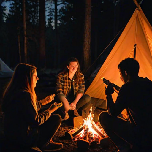 Nighttime image, low resolution, group of teenagers sitting around a campfire, roasting marshmallows, soft orange glow illuminating their faces, dark woods surrounding them, a few tents pitched in the background, someone strumming a guitar softly, smoke swirling in the cool night air.