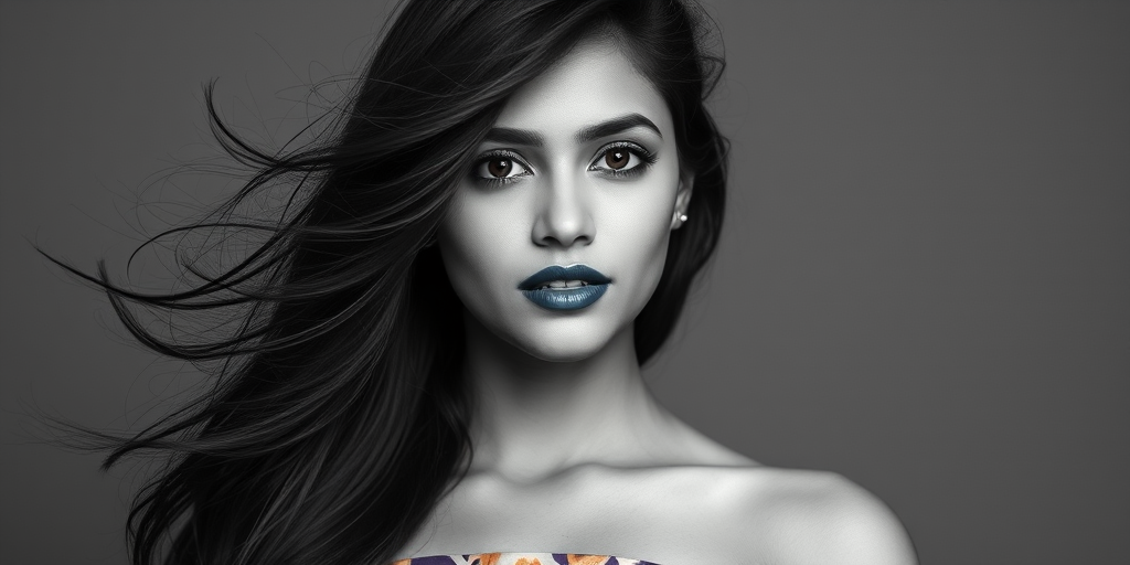 Photographic image of a beautiful young Pakistani woman, brown eyes, lips with blue lipstick, long hair fluttering in the wind and wearing a silk strapless dress with a soft purple and orange print. monochrome image with only color highlights in the iris of the eyes, lipstick and dress. Gray background.