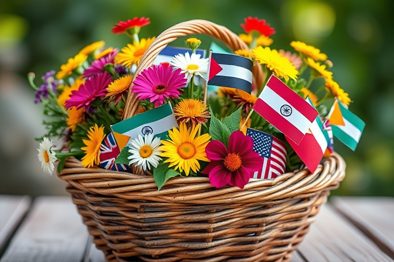 Create an image of a woven basket filled with vibrant flowers, each adorned with various national flags, including symbolic elements representative of peace and unity; use a DSLR camera with a macro lens at f/2.8, ISO 100, and a shallow depth of field to enhance image quality, with natural lighting and a soft-focus background for artistic effect.