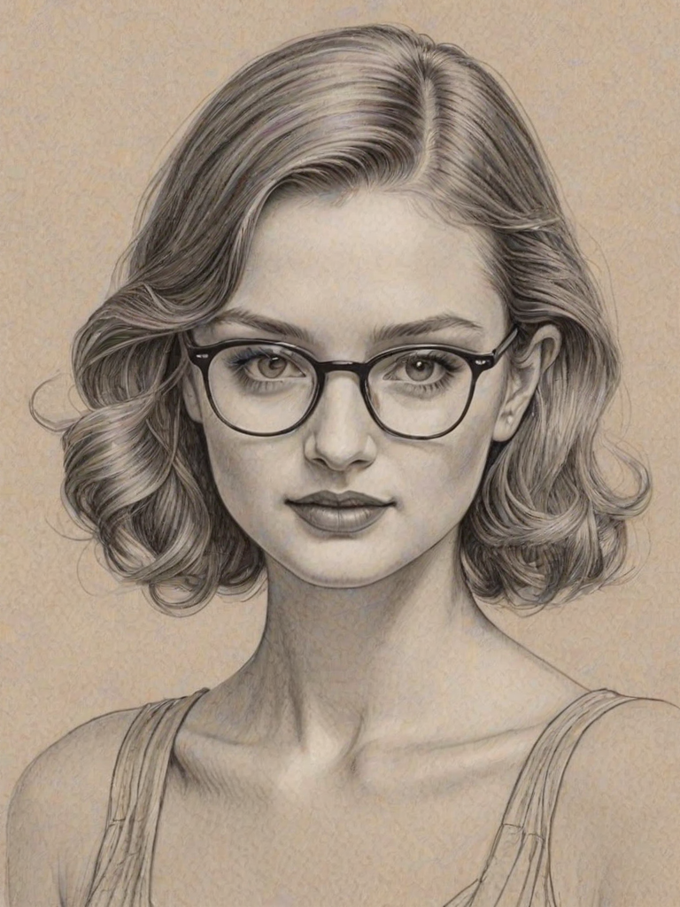 Delightful Bella Heathcote, pencil sketch, portrait of Radiant woman 1937s in glasses, hair style beatnik, outline, clear lines, fine lines, 8k