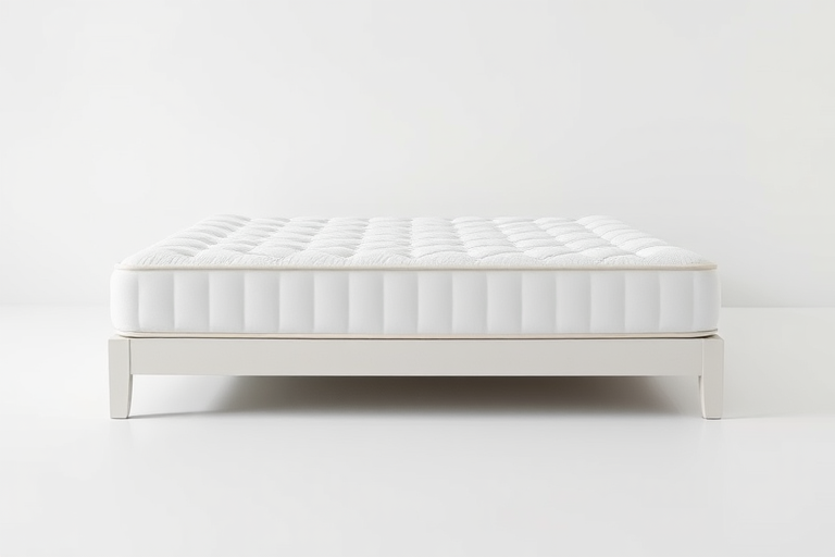 Capture a high-resolution image of a white mattress on a plain white background using a DSLR camera at 50mm focal length, aperture f/8, ISO 100, with soft natural lighting for even brightness and minimal shadows.