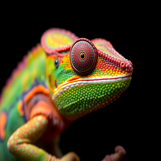 Close-up shot of a vibrantly colored chameleon with intricate skin details, using a Canon EOS R5 camera, 100mm macro lens, f/2.8 aperture, ISO 100, 1/200s shutter speed, soft diffused lighting, black background for contrast.