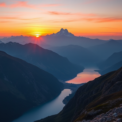 Create an image of a tranquil mountain landscape during sunrise with vibrant colors reflecting off the water, captured with a Canon EOS 5D Mark IV, 24mm lens, aperture f/8, shutter speed 1/125s, ISO 100, in a wide-angle view, using a landscape photography style.