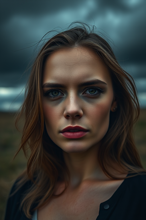 portrait of a woman with a dramatic expression in a dark, moody landscape, with stormy clouds in the background, shallow depth of field, using a 50mm lens, f/1.8 aperture, ISO 100, soft natural lighting, captured with a Canon EOS R5