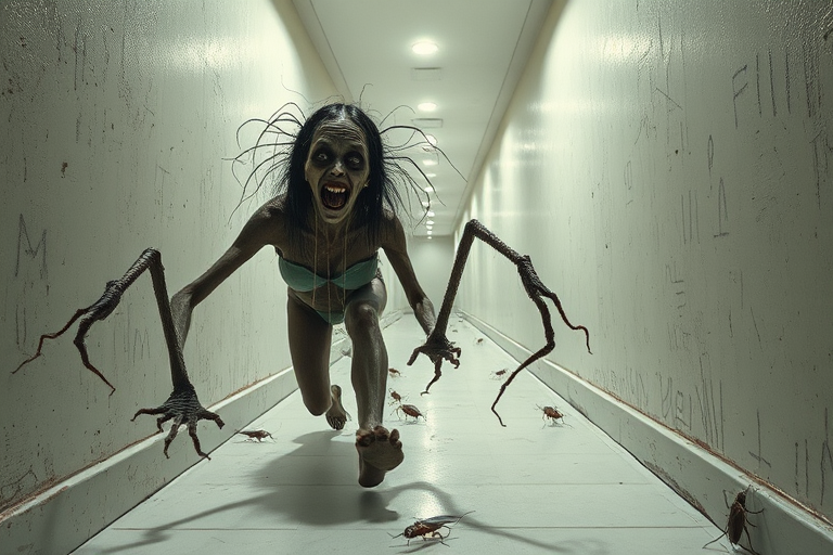a crooked female with long arms and a creepy smile is crawling along a long white corridor and you can also see cockroaches in it there is a creepy atmosphere creepy art style