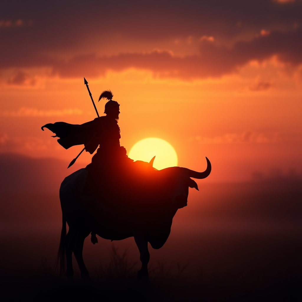 Create an artistic digital painting of a silhouette of a warrior on an ox against a sunset backdrop, capturing a mystical atmosphere with soft, warm colors, using a full-frame camera at f/8 aperture, ISO 100, and a 24mm lens to enhance depth of field and detail.