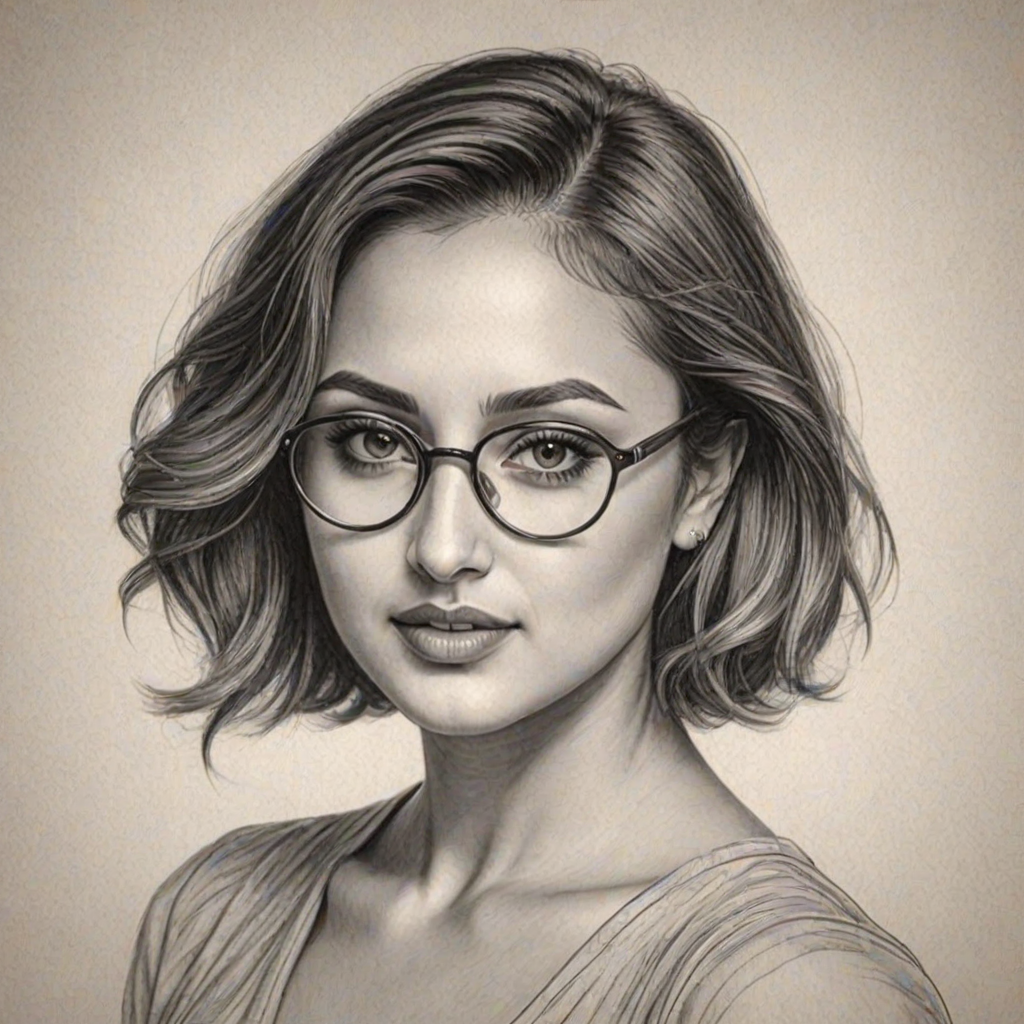 Lovely Francia Raisa, pencil sketch, portrait of Graceful woman 1924s in glasses, hair style beatnik, outline, clear lines, fine lines, 8k