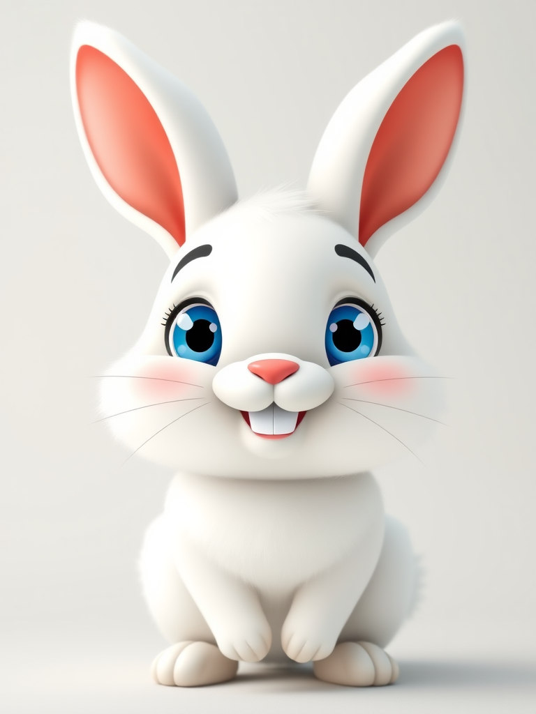 Create an adorable cartoon white rabbit with large blue eyes and a cute smile the rabbit should have fluffy fur and prominent front teeth the background should be simple and light to emphasize the rabbit's features