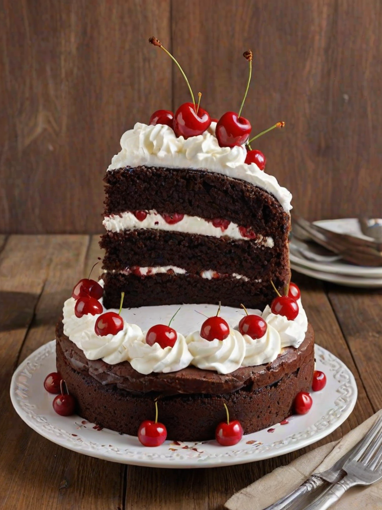 Generate an image of a round chocolate cake topped with whipped cream and cherries. The cake should have chocolate shavings around the sides and a decorative swirl of cream on top, with a few cherries placed evenly around the edge. The background should be simple and rustic, highlighting the cake as the main focus.