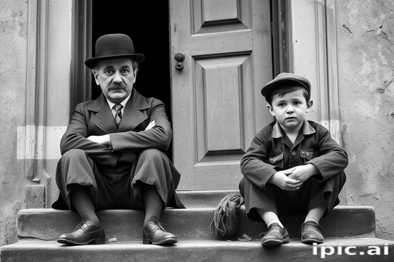 A black-and-white photograph of a man and a child sitting on steps in front of a doorway. The man is dressed as a tramp with a bowler hat, mustache, and ragged clothes, reminiscent of Charlie Chaplin's iconic look. He is sitting with his arms crossed and an expression of slight sadness or frustration. Next to him is a young boy, also in worn clothes and a cap, sitting with his hands clasped, looking thoughtful. The background is an old, textured wall and a partially open door, creating a vintage, early 20th-century atmosphere.