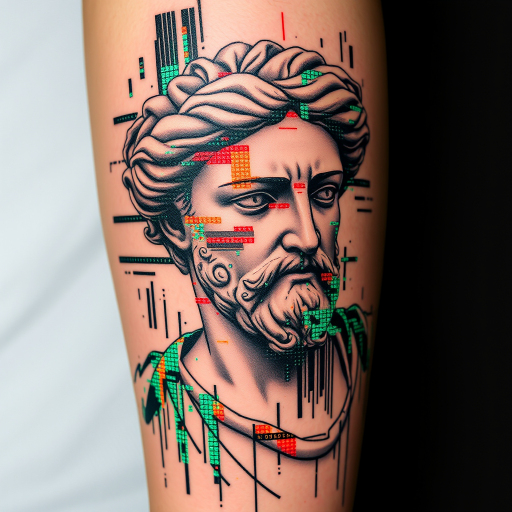 Glitch art tattoo called "Digital Disruption" depicting a classical sculpture glitching and pixelating, with fragmented code and binary sequences interspersed throughout, creating a striking juxtaposition between ancient art and modern technology