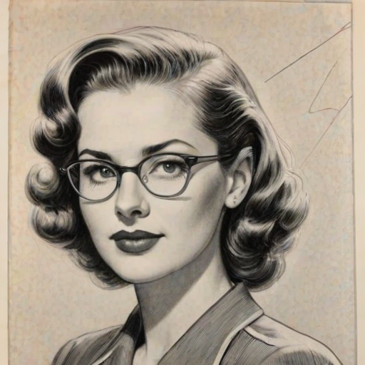 Enchanting Clea Lewis, pencil sketch, portrait of Appealing woman 1942s in glasses, hair style beatnik, outline, clear lines, fine lines, 8k