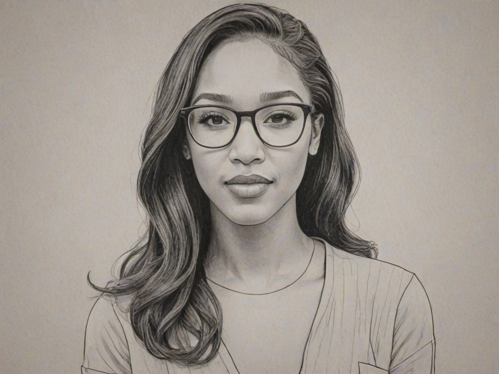 Fetching Candice Patton, pencil sketch, portrait of Sublime woman 1963s in glasses, hair style beatnik, outline, clear lines, fine lines, 8k