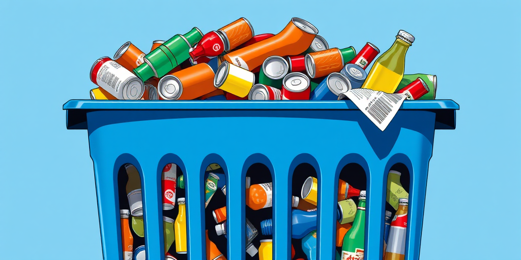 Create a detailed illustration of a blue recycling bin overflowing with colorful cans, plastic bottles, and newspapers, captured with a Canon EOS R5, 50mm lens, f/4 aperture, 1/60 shutter speed, in natural daylight, showcasing vibrant colors and clear textures.