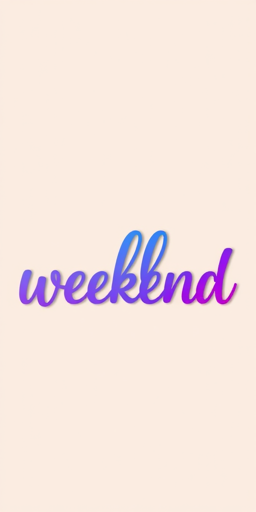 Create an image featuring the words "hello weekend" in a playful script style, with a gradient color palette transitioning from purple to pink, set against a soft beige background, captured with a DSLR camera at f/2.8, ISO 100, 50mm lens, using a shallow depth of field to focus on the lettering while softly blurring the background for a polished aesthetic.