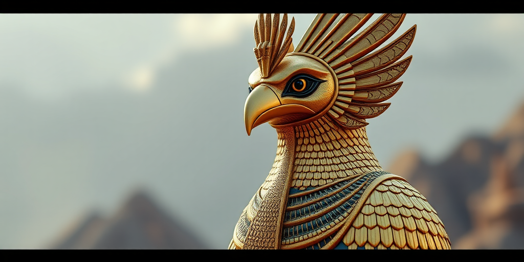 Create an ultra-detailed 3D render of a golden Egyptian falcon deity with intricate textures and a dramatic backdrop, using a full-frame DSLR camera at f/1.8, ISO 100, 50mm lens, natural light, and a shallow depth of field for a blurred background effect.