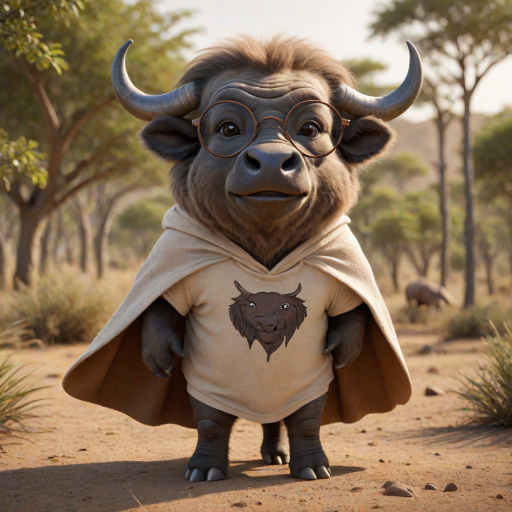 Hyperrealistic 3D render of a smiling cartoon Cape Buffalo wearing glasses and a beige t-shirt with a smaller buffalo image printed on it, missing some teeth, set against a blurred African savanna background, detailed fur, 8k resolution, octane render, artstation trending.