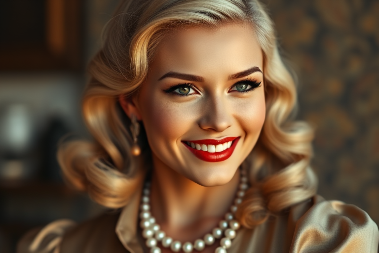 A beautiful Inca woman reminiscent of 1950s Hollywood glamour, with perfectly styled blonde hair and a seductive smile, dressed in a satin blouse and adorned with pearls, soft and warm tones, photorealistic, 8K
