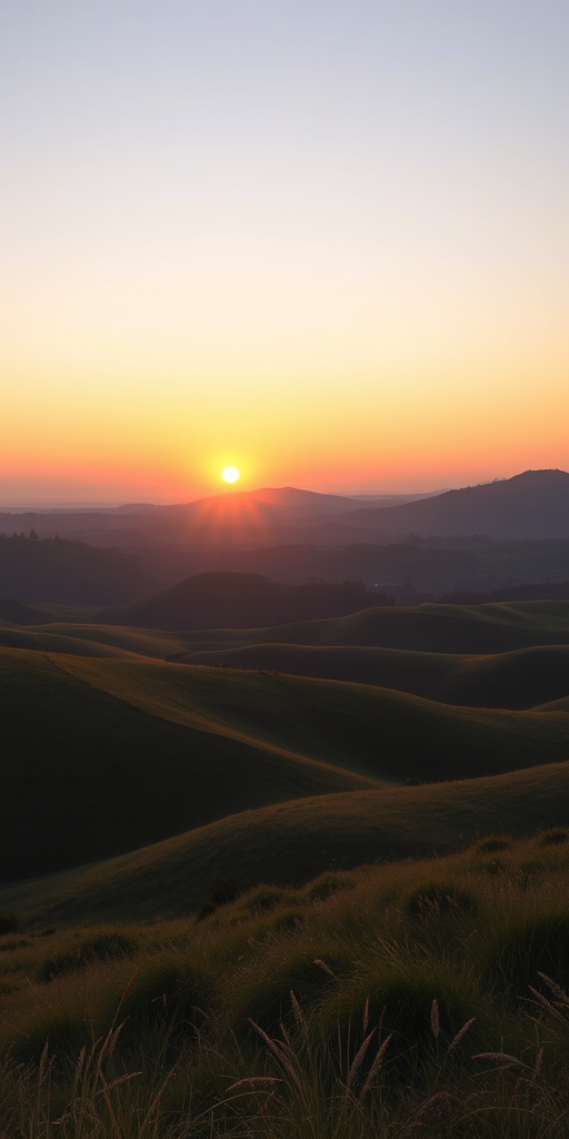 Create a high-resolution image of a serene landscape featuring rolling hills and a sunset, captured with a Canon EOS R5, 24-70mm lens at f/8, ISO 100, 1/250 sec, using a wide-angle view to enhance depth and detail.