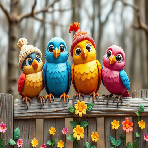 create a scene of 4 quirky  whimsical colourful comical birds each with a funny expression. they are sat on a wooden fence with colourful flowers. they are all different sizes. each one is a different colour  one is wearing a woolly hat. Each one has a different quirky google expression and there is a muted background of trees watercolour paintierly style high definition 8k resolution 3D paper mache