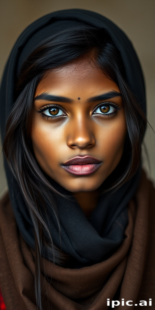 Create a portrait of a young Sri Lankan woman with long, dark hair and captivating hazel eyes. She is wearing a dark headscarf and a matching scarf draped gracefully around her neck. The background is softly blurred, focusing attention on her serene and natural expression. The overall color palette is muted and warm, enhancing the intimate and authentic feel of the portrait.