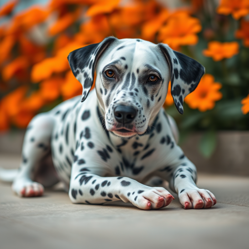 High-quality image of a Dalmatian dog lying down on a smooth surface with vibrant orange flowers in the background, using a Canon EOS 5D Mark IV camera, 85mm lens, aperture f/2.8, ISO 200, natural lighting, shallow depth of field, focus on the dog.