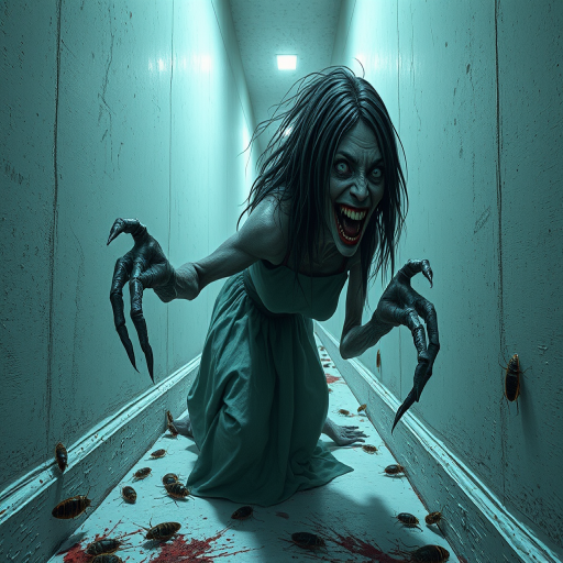 a crooked female with long arms and a creepy smile is crawling along a long white corridor and you can also see cockroaches in it there is a creepy atmosphere creepy art style