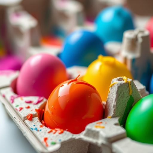close-up shot of an egg carton filled with vibrant paint, shallow depth of field, natural lighting, 50mm lens, aperture f/2.8, ISO 100, DSLR camera