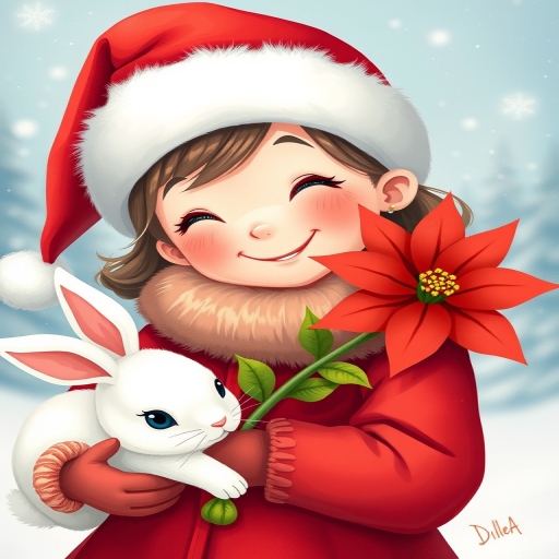 Create a vibrant illustration of a cheerful young girl in a red winter outfit with a fluffy collar and a Santa hat, holding a bright poinsettia flower while interacting with a cute white bunny, in a whimsical, colorful style, shot with a Canon EOS R5, 50mm lens at f/1.8, 1/100 sec exposure, and ISO 100 for enhanced clarity and detail.